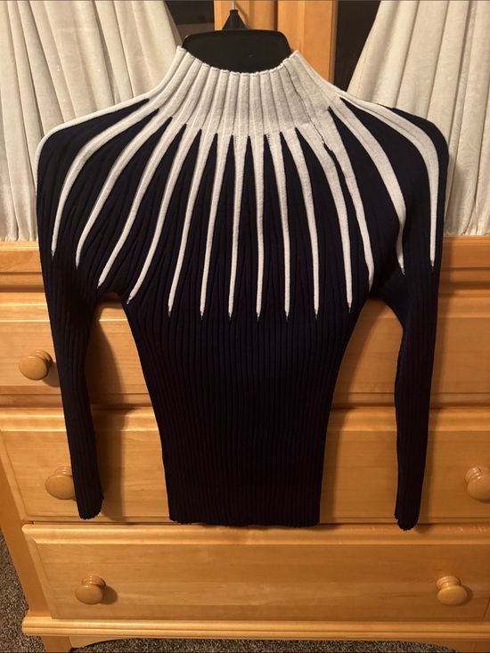VENUS Sweaters - VENUS Navy and White Ribbed High-Neck Sweater